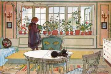 fleurs sur le rebord de la fenêtre 1894 Carl Larsson Peinture à l'huile